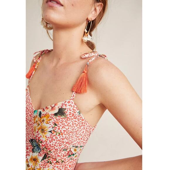 New Farm Rio for Anthropologie Verbena Midi Dress $198 X-SMALL Red Motif Floral - Picture 2 of 8